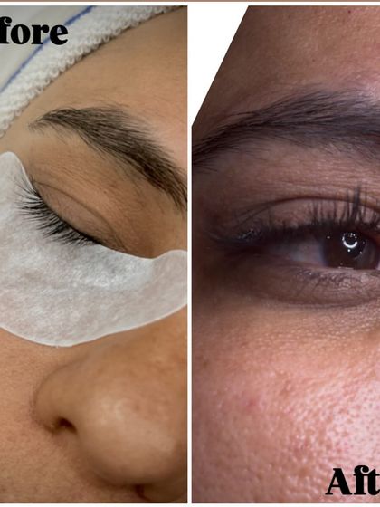 A clear before-and-after of eyelash extensions, a popular service that our students learn to apply safely and beautifully for a natural or dramatic effect.