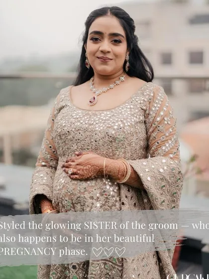 One of my specialities is maternity styling for weddings. Here is the glowing sister of the groom, looking absolutely radiant in a custom, bump-friendly mirror-work lehenga. I believe every family member, at every stage of life, deserves to feel beautiful.