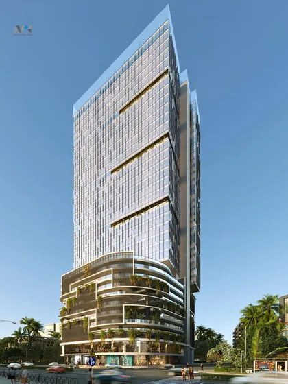 A render of the Codeword Edge commercial tower. The design features a distinctive curved podium with landscaped terraces, creating a dynamic and inviting commercial environment.