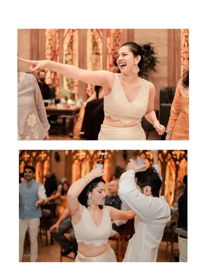 A collage showing the fun and energy of the dance floor at a pre-wedding party. These candid shots are all about capturing the genuine, unscripted moments of celebration with family and friends.