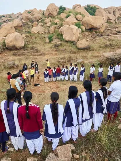 An aerial view of our introductory circle with the school girls. We hope to continue working with them to build a local climbing community.