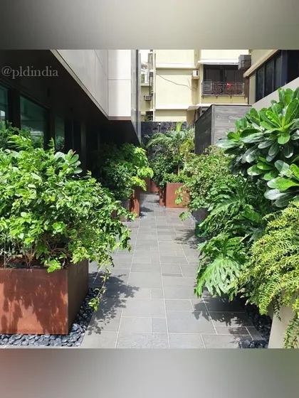 A walkway lined with planters of varying sizes and shapes. The mix of corten steel and concrete planters, filled with a diversity of plants, creates a rich and textured path.