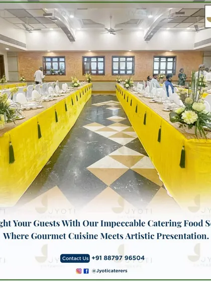 Delight your guests with this impeccable catering setup. Long tables are arranged for a formal seated meal, featuring elegant yellow decor and floral arrangements.