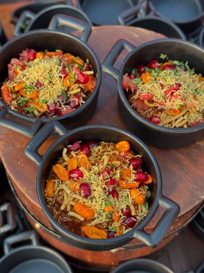 Our individual serving pots of chaat, ready to be enjoyed. We focus on presentation that is both beautiful and practical for guests at a large event.