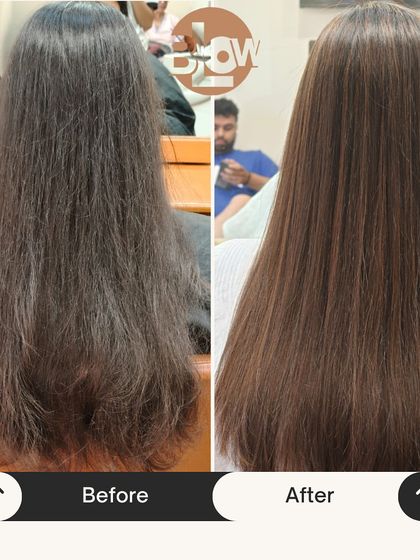 From dull and frizzy to smooth and radiant. This before and after shot showcases the power of a good hair treatment and professional styling.
