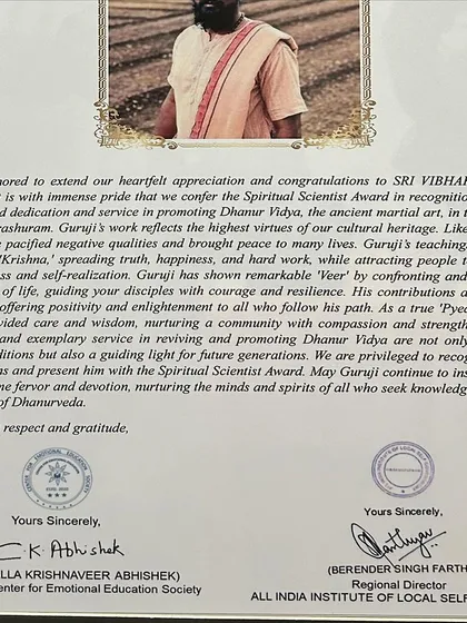 The official letter of appreciation for the Spiritual Scientist Award. It recognizes my efforts in reviving the ancient martial art and nurturing the minds and spirits of those who seek this knowledge.