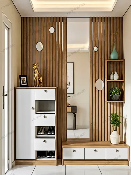 A well-organized entryway sets the tone for the entire home. This custom foyer unit combines a closed shoe cabinet, open footwear slots, a comfortable seating bench, and a full-length mirror, all framed by a stylish wooden slat partition for a warm, welcoming entrance.