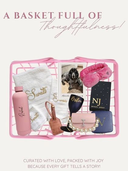 A basket full of thoughtfulness. This graphic showcases the variety of items we can include in a curated hamper, from personalised towels and bottles to jewellery organisers and sling bags.