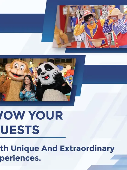 A graphic showcasing how I "WOW your guests with unique and extraordinary experiences," featuring images of clowns and character mascots.
