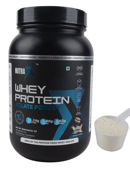 The Cookies & Cream whey protein tub with a scoop of powder.