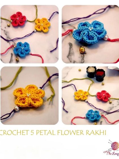 A closer look at the Crochet 5-Petal Flower Rakhi, available in a variety of bright, cheerful colors.