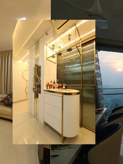 A collage showing different corners of the luxurious Goregaon living room, including the elegant bar unit and the stunning sunset view from the balcony.