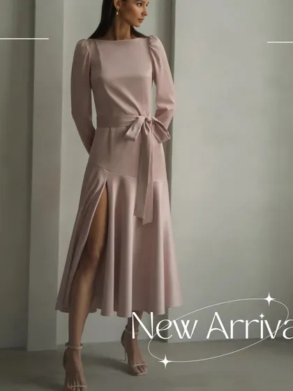This is my Enzo dress, a perfect example of modern elegance. I designed this piece in a soft pink satin with long puff sleeves, a self-tie belt to define the waist, and a graceful A-line skirt with a slit.