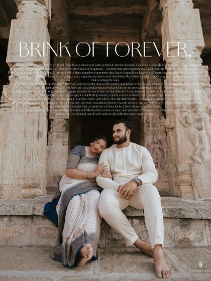 A beautiful portrait of a couple resting on temple steps, titled "Brink of Forever."