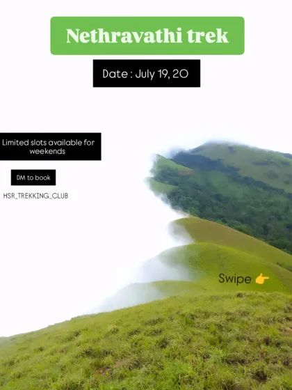 A promotional image for the Nethravathi trek, highlighting the otherworldly view of clouds blanketing the peak.