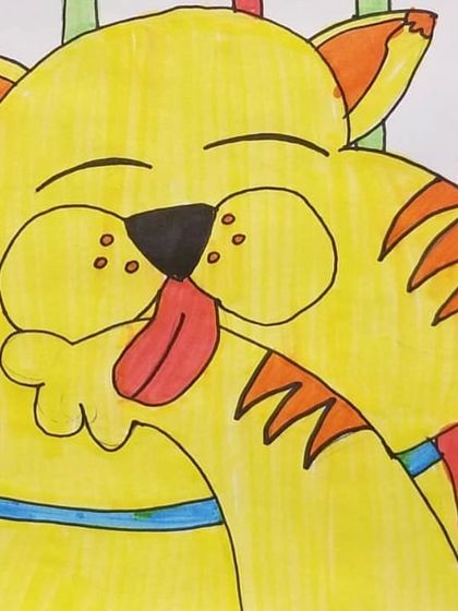 A very content cat cleaning its paw. We teach students to capture personality and action through simple lines and expressions in our animal cartooning lessons.