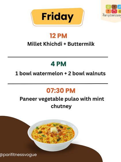 Friday's plan with millet khichdi and paneer vegetable pulao shows how to enjoy satisfying meals while practicing intermittent fasting.