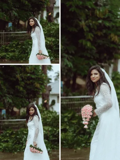 A collage of a beautiful bride holding her bouquet, capturing different angles and expressions of her happiness and grace.
