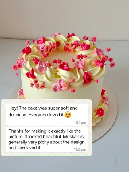 The client's feedback on the Gypso cake, noting that it was super soft and delicious, and that the birthday girl, who is usually picky, loved the design.