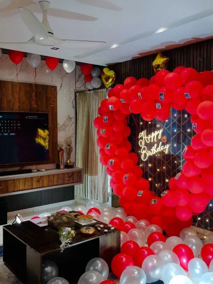 A side view of the romantic living room setup, perfect for a birthday or Valentine's Day surprise.