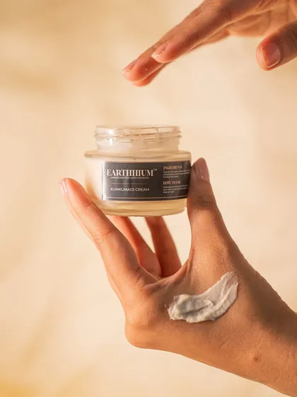 This is the texture of my Kumkumadi Cream, a lightweight formula made with natural ingredients. It's designed to nourish your skin, leaving it feeling soft and supple without any greasy residue.