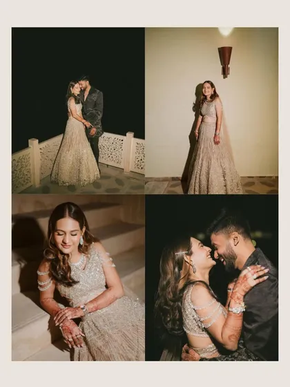 A collage of moments from Ria and Kashyap's evening celebration. The images capture both intimate close-ups and wider shots, showcasing the romantic ambiance of the night.
