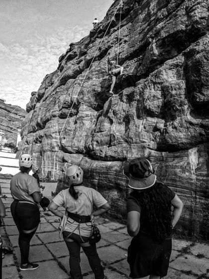 A climbing demo in progress at our Badami event. We break down every step for first-timers, from basic movements to understanding the rope system.