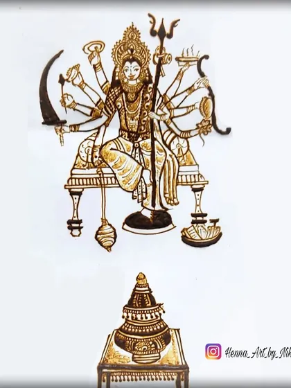 The completed drawing of Maa Durga with her Garbo, a sacred pot, before the dancers are added. This shows the central element of my Navratri henna paintings, highlighting the detailed linework of the Goddess.