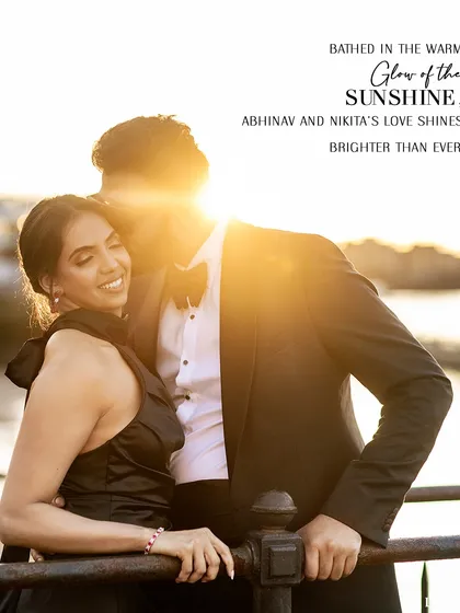 Bathed in the warm glow of the London sunshine. This romantic pre-wedding shot captures the couple in a classic black-tie look, proving that timeless elegance never goes out of style.