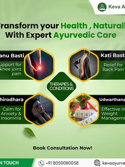 We help you transform your health naturally with a range of expert therapies. This graphic shows how we use specific treatments like Janu Basti for knee pain and Shirodhara for anxiety and insomnia.