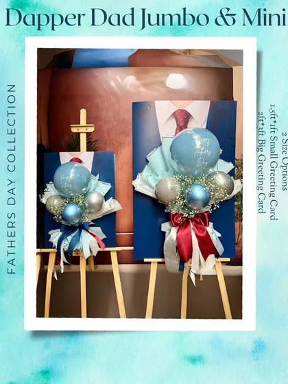 Our "Dapper Dad" collection comes in two sizes, Jumbo and Mini. These giant greeting cards feature a stylish suit-and-tie design with a beautiful balloon bouquet, perfect for celebrating Dad in a big way.