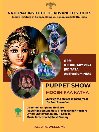 A poster for our 'Mooshikaa Katha' puppet show, a delightful story of a mouse-maiden from the Panchatantra. This show is a favorite among our youngest audience members.