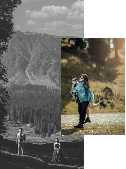 A collage that contrasts the vastness of the mountain landscape with a fun, playful piggyback ride, telling a story of adventure.