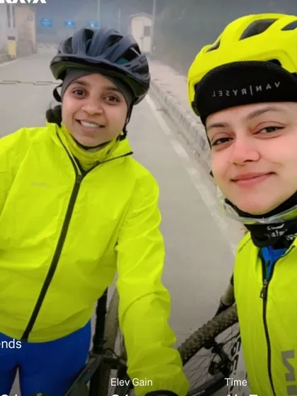 A selfie of two friends on a cold morning ride. The warmth of friendship keeps us going.