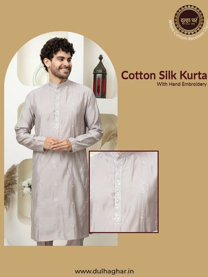 Comfort meets class. This graphic highlights a grey cotton silk kurta with hand embroidery, showing a close-up of the placket detail.
