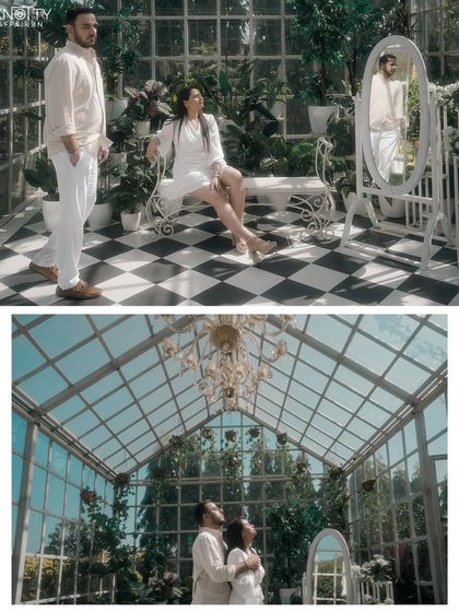 A collage showing the beautiful glass structure of the greenhouse. The light pouring in creates a bright and airy atmosphere for these romantic portraits.