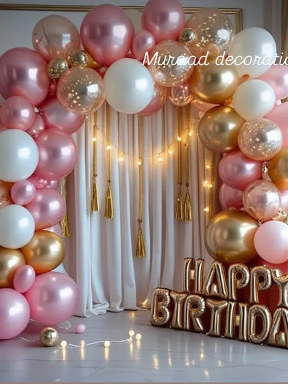 A beautiful balloon arch in shades of pink, white, and gold. The addition of fairy lights behind the curtain and confetti balloons adds a touch of sparkle and magic to the setup.