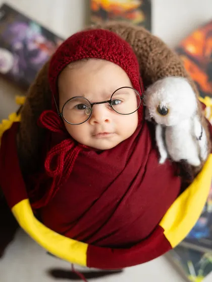 A newborn Harry Potter, complete with iconic glasses and a tiny owl companion. It's never too early to introduce them to the magic.