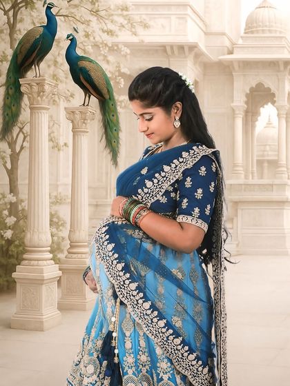 A regal and artistic maternity portrait featuring a mother-to-be in an ornate blue lehenga. The digitally added palace and peacock background creates a majestic, fairytale setting.