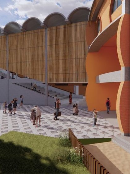 These renderings show the overall architectural vision for Urban Gurukul in Bangalore. The design uses organic forms and natural materials to create a K-12 school that feels rooted in its cultural heritage while providing modern, flexible learning spaces for students.