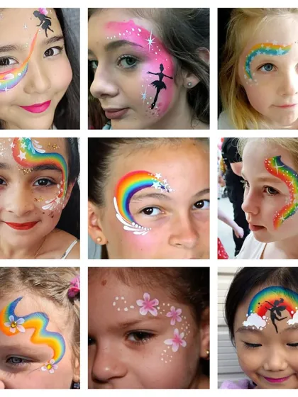 Face painting is pure magic. This collection shows the range of designs I can create, from beautiful rainbow swirls and delicate flowers to enchanting fairy silhouettes that bring a smile to every child's face.