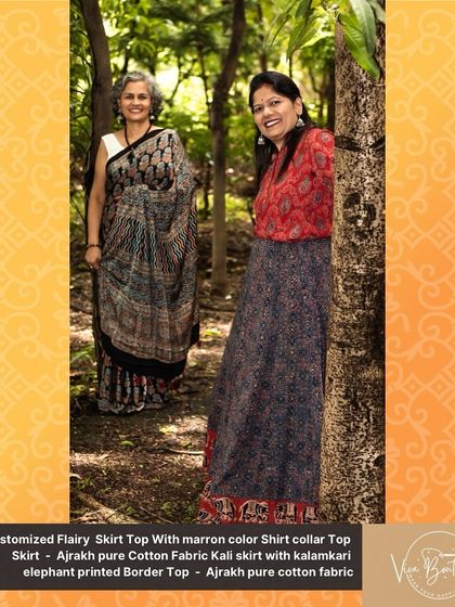 Two clients showcasing their unique styles with custom-made outfits from my boutique. On the right is the Ajrakh skirt and top set, and on the left, a beautiful handblock print saree.