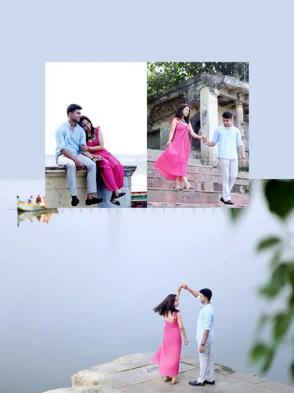 A collage from a lakeside pre-wedding shoot, capturing a variety of moods. From sitting by the water to dancing on the stone steps, these photos showcase the couple's natural chemistry in a beautiful outdoor setting.