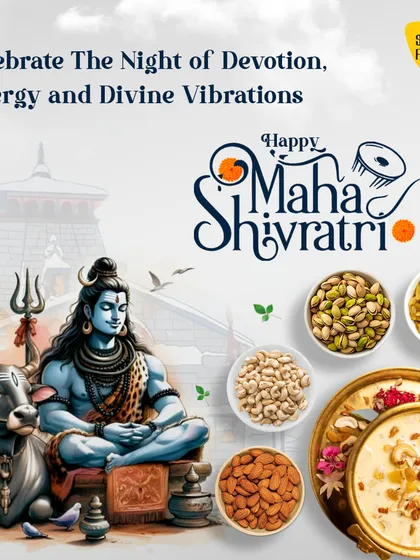 Another image for Mahashivratri, celebrating the night of devotion. It shows a variety of fasting-friendly options like pistachios, almonds, raisins, and a bowl of sweet kheer, perfect for breaking the fast.