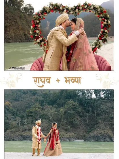 A classic destination wedding photo in Rishikesh, with the couple framed by a heart-shaped floral arch against the holy Ganga. This shot combines the beauty of the location with the symbolism of your union.