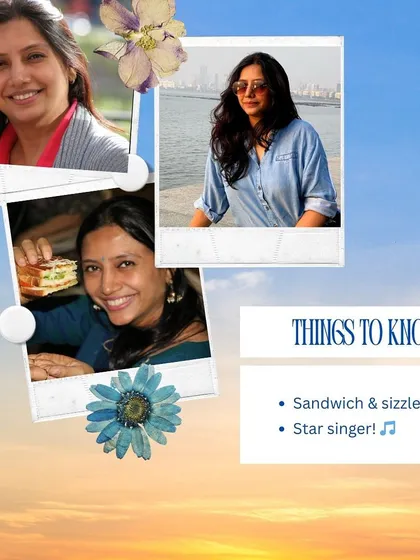 A little more about Charmi. She's a sandwich and sizzler lover and a star singer, bringing creativity and joy to both the kitchen and her life.