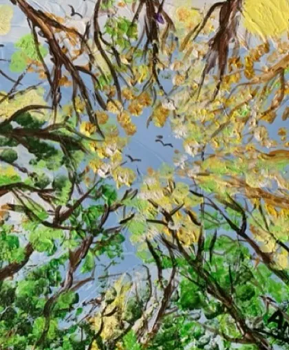A unique perspective looking up through a canopy of trees towards the sky. This painting captures the feeling of standing in a forest, with sunlight filtering through the leaves.