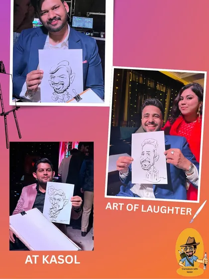 A collage showcasing the "Art of Laughter" with several happy guests holding their caricatures at an event in Kasol.