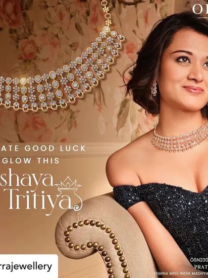 This ad creative for Akshaya Tritiya showcases a radiant and festive look. The makeup is bright and glowing, perfectly aligning with the celebratory theme of the campaign.