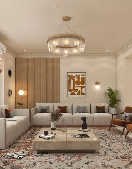 A living room from the 'Nivasa' project, designed for a pragmatic couple. The space is simple, functional, and uses an India-Modern aesthetic with warm wood paneling and abstract art.